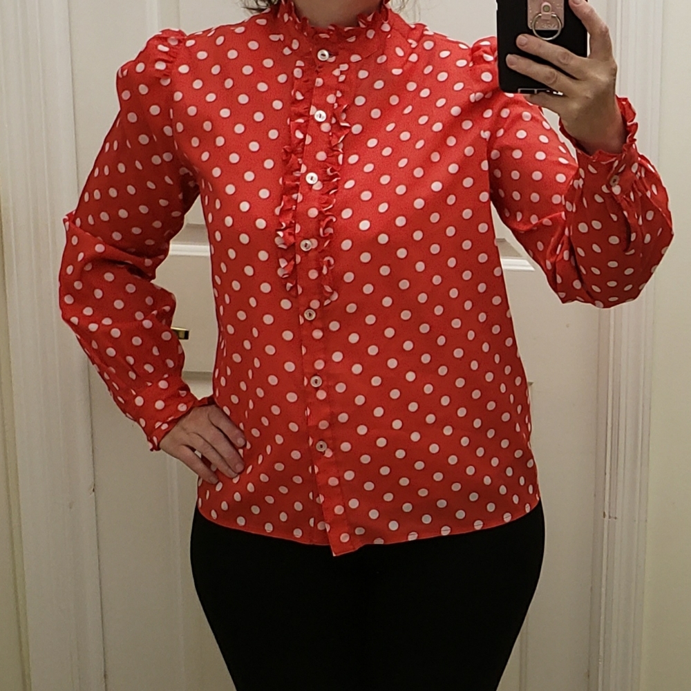Vintage Red and White Polka Dot Long Sleeve High Ruffle Neck Button Down Shirt L